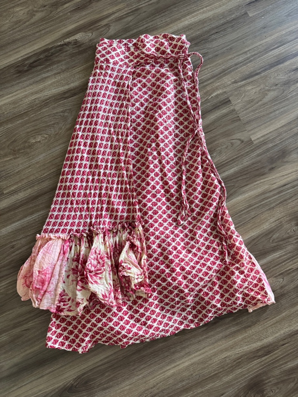 Dosa red cotton floral ruffled wrap skirt 2 (S)